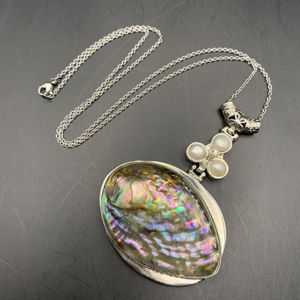 Abalone Pearl Pendant Necklace Silver Tone Drop Dangle Pendant Large Bold Big